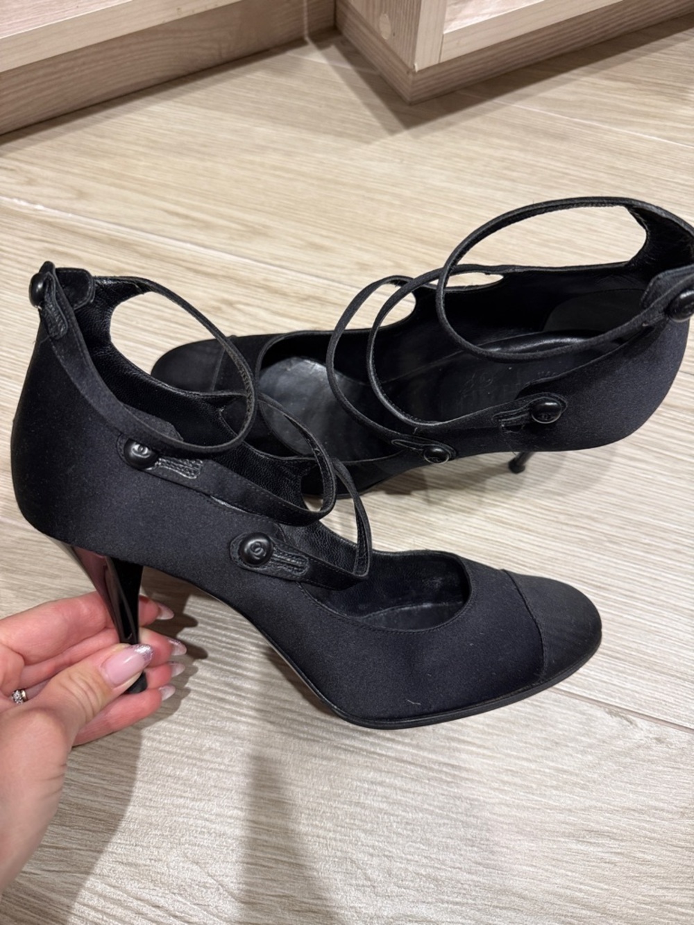 CHANEL Black Satin Strappy Mid-Heels